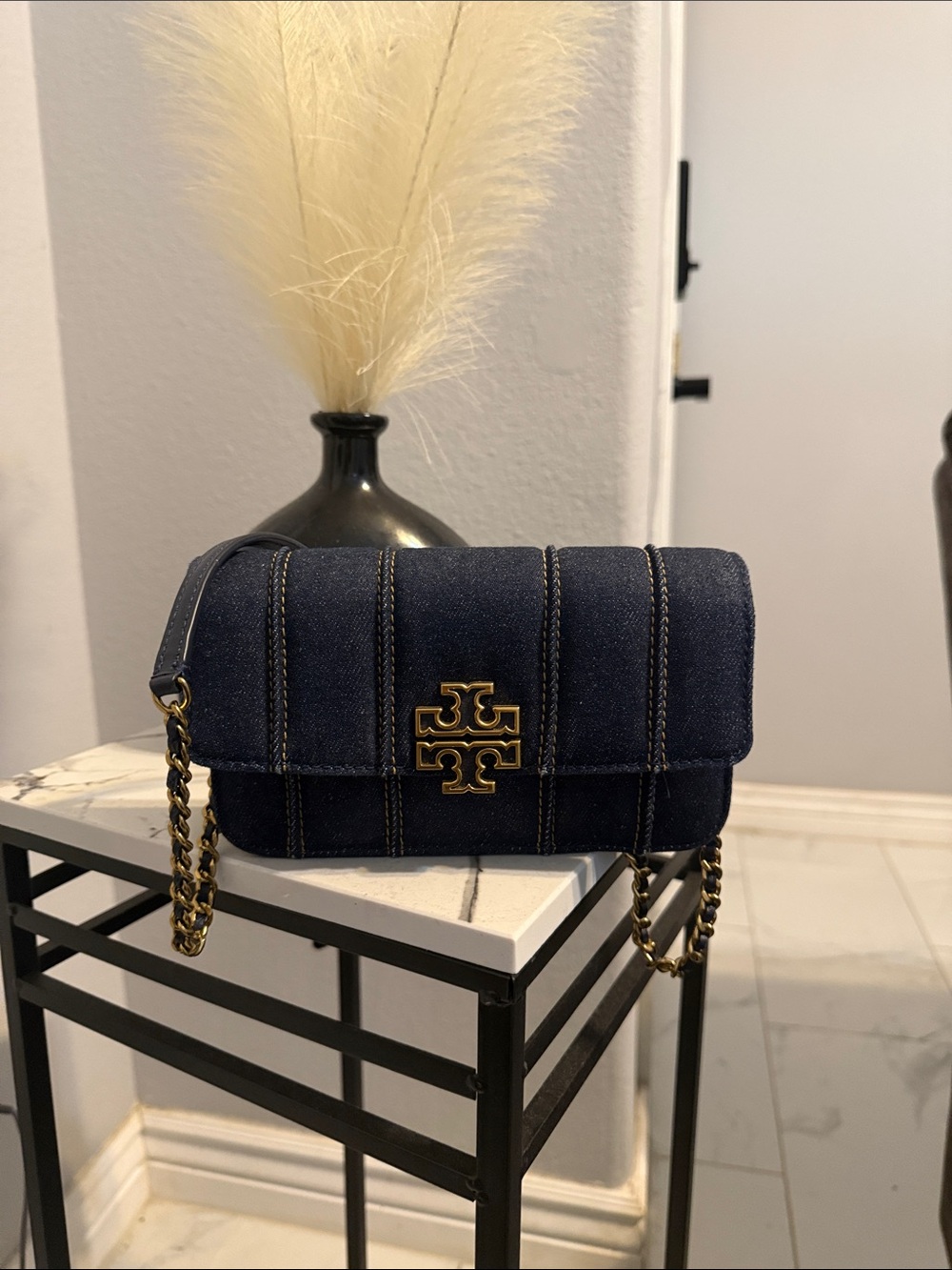Tory Burch Dark Navy Quilted Denim Chain Crossbody Bag with Gold Logo